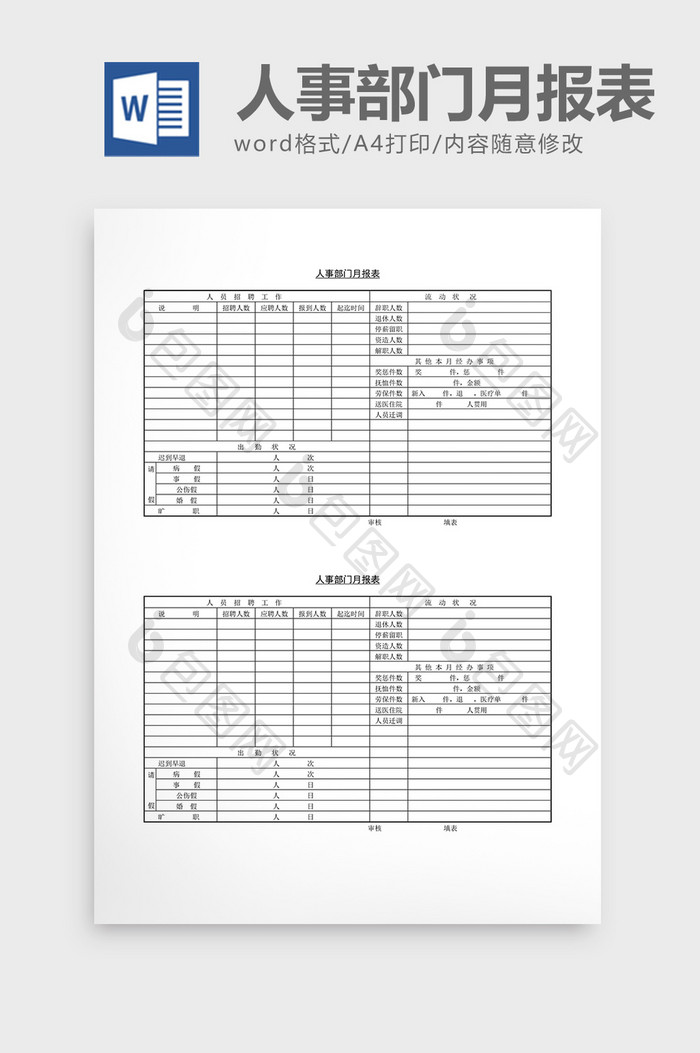 人事管理人事部门月报表word文档