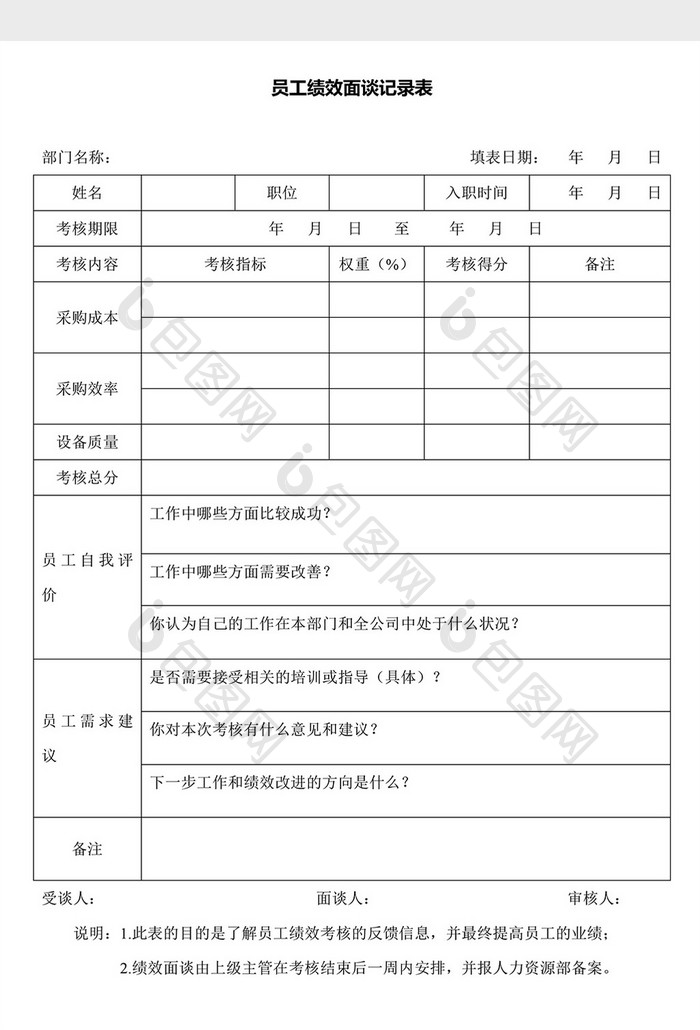 员工绩效面谈记录表word文档