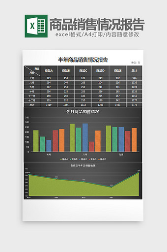 黑色半年商品销售情况报告excel模板图片