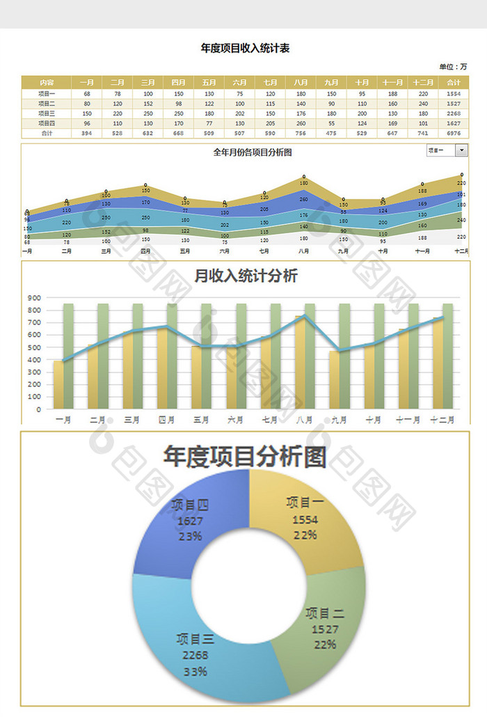 商务风年度项目收入统计表 excel模板