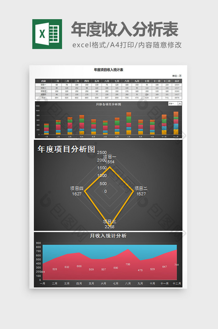 黑色时尚年度项目收入统计表Excel模板
