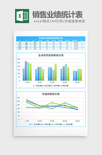 蓝色简约年度销售业绩统计表Excel模板