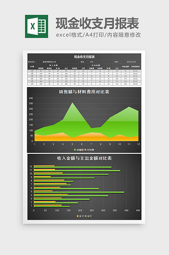 黑色商务风现金收支月报表Excel模板图片