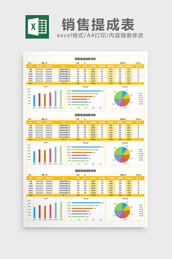 彩色实用销售提成表Excel图表模板图片