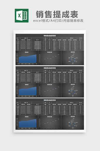 黑色大气简约销售提成表Excel图表模板