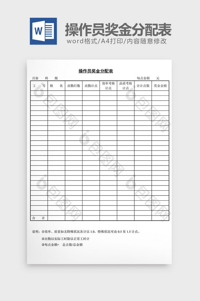 人事管理操作员奖金分配表word文档