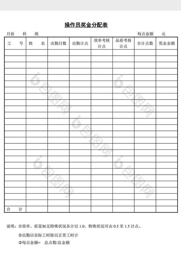 人事管理操作员奖金分配表word文档