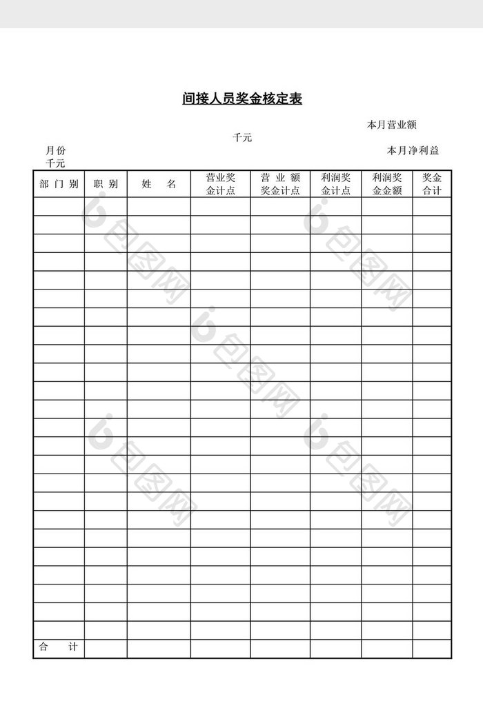 人事管理间接人员奖金核定表word文档