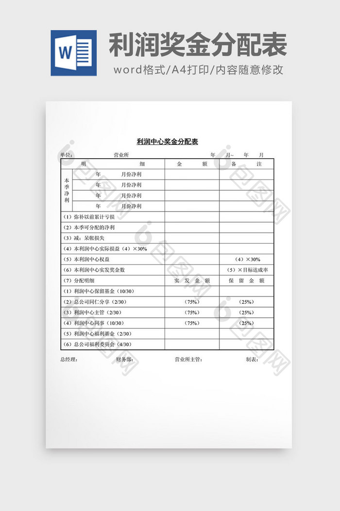 人事管理利润中心奖金分配表word文档