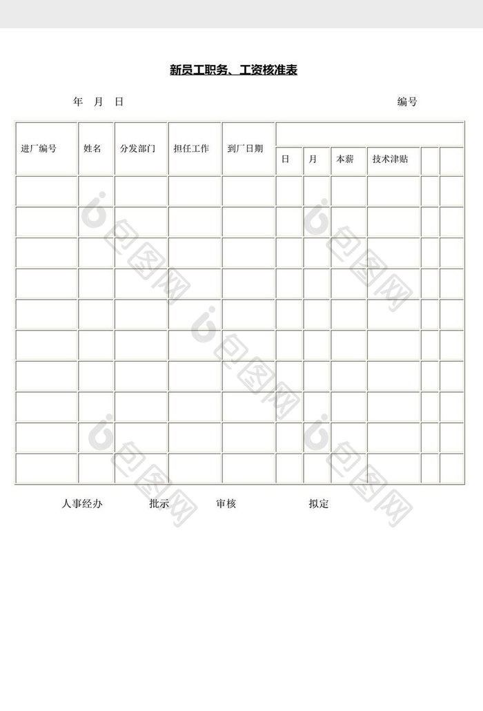 人事管理新员工职务工资核准表word文档