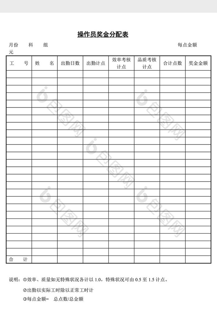 人事管理操作员奖金分配表word文档