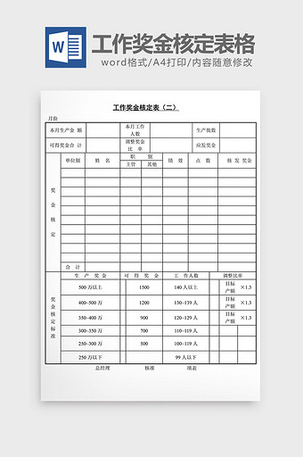 人事管理工作奖金核定表格word文档图片