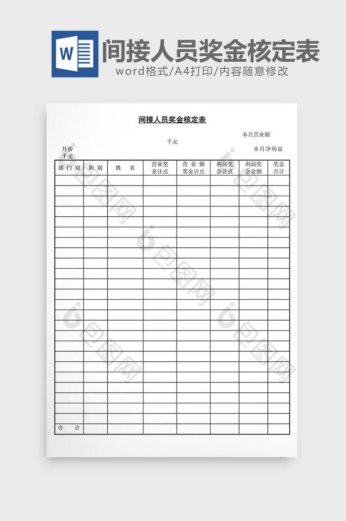 人事管理间接人员奖金核定表word文档