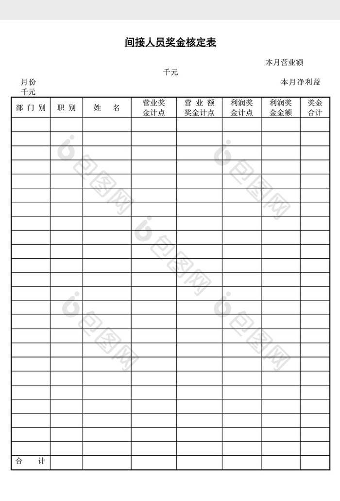 人事管理间接人员奖金核定表word文档