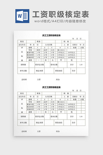 人事管理员工工资职级核定表word文档图片