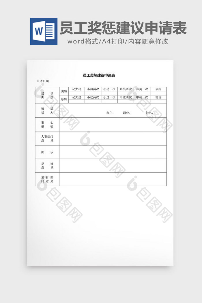 人事管理员工奖惩建议申请表word文档