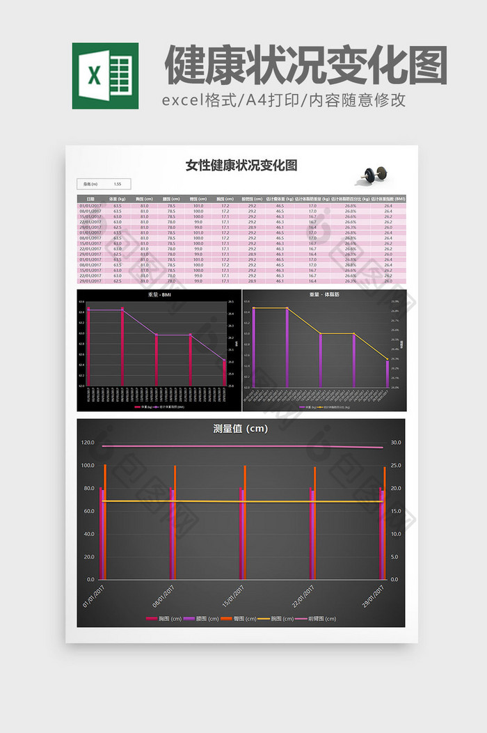 女性健康状况变化图健身计划Excel表格
