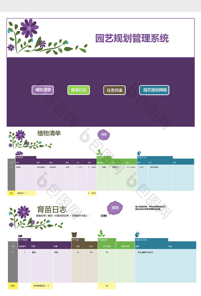 园艺规划管理系统Excel表格模板