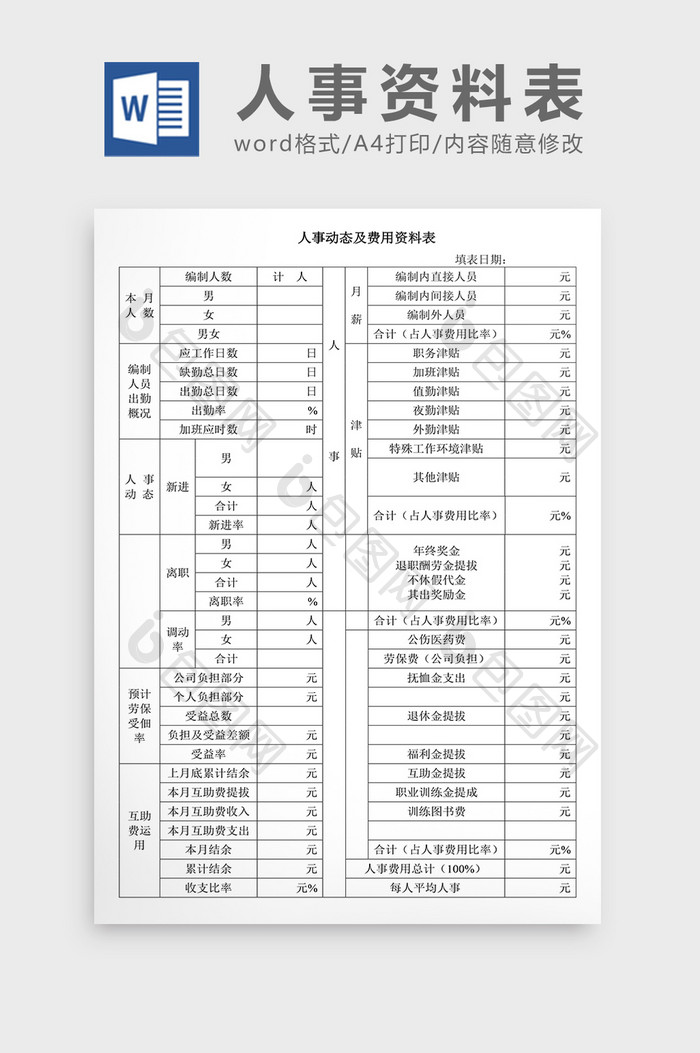 人事管理人事动态及费用资料表Word文档