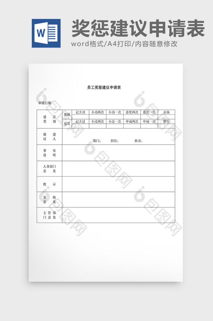人事管理员工奖惩建议申请表Word文档