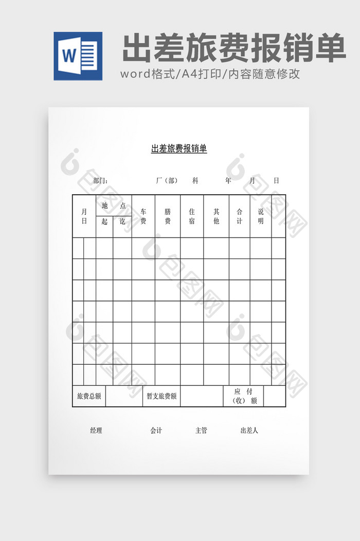 人事管理出差旅费报销单Word文档