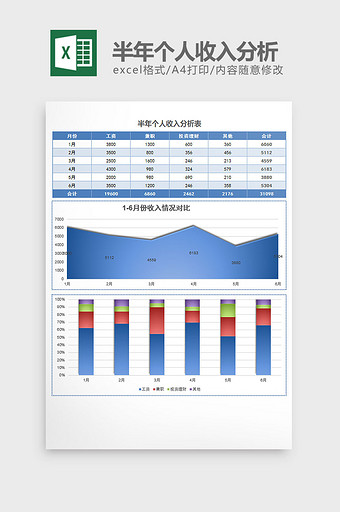 蓝色实用半年个人收入分析表excel模板图片