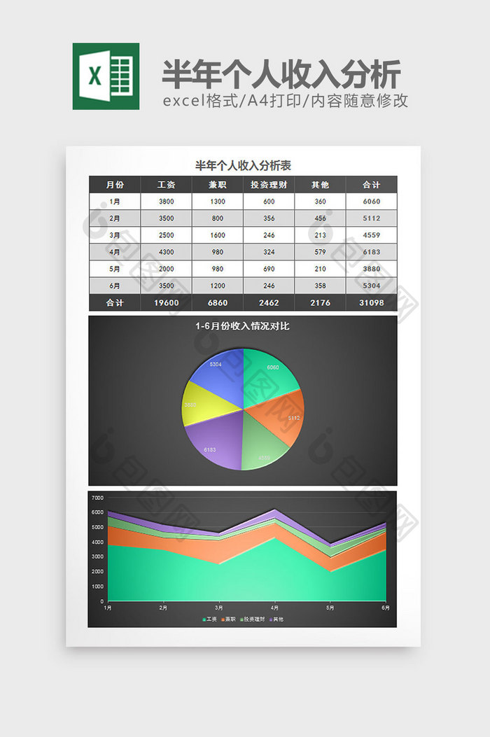 黑色半年个人收入分析表excel模板