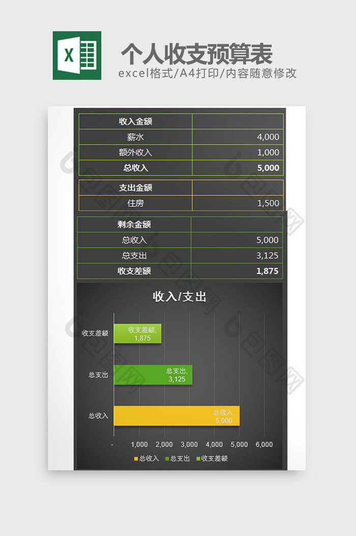 黑色个人收支预算表excel模板