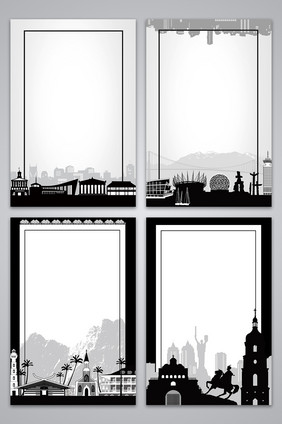 剪影效果手绘线描城市建筑背景图