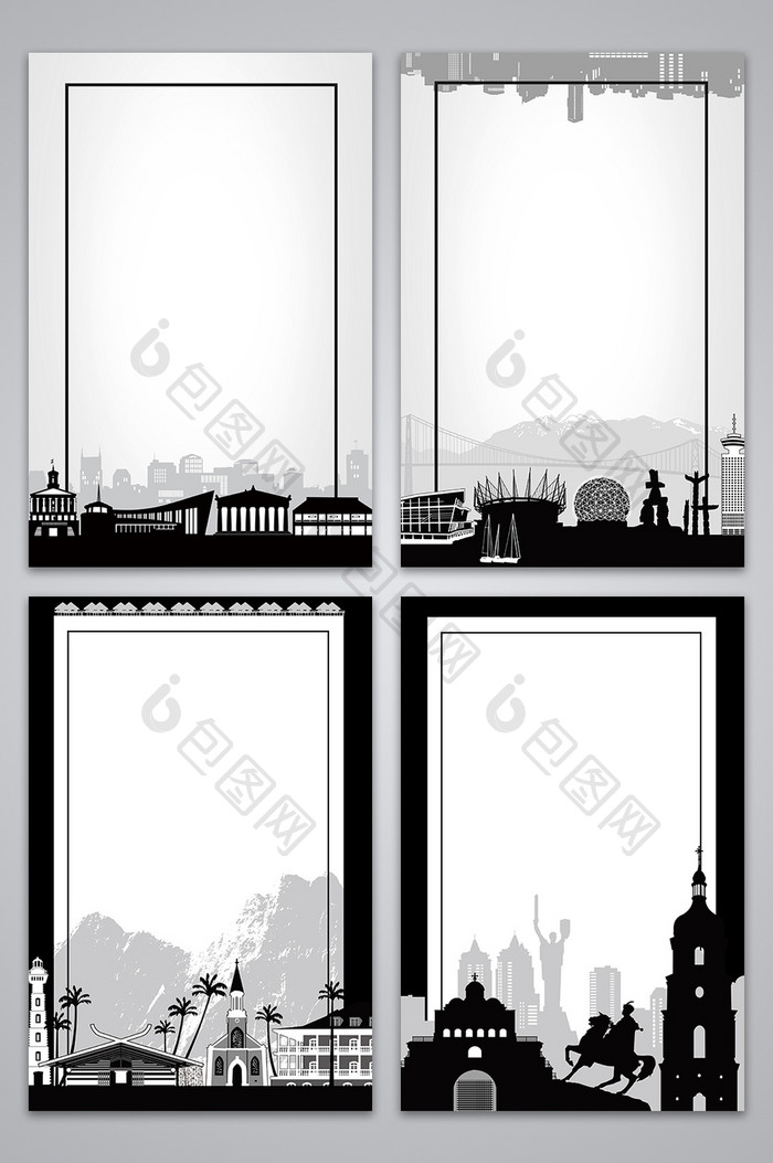 剪影效果手绘线描城市建筑背景图