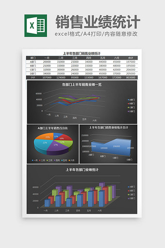 立体饼图销售业绩统计Excel表格模板图片