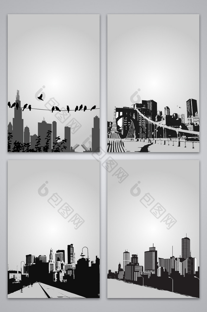 黑白简约城市剪影海报背景图