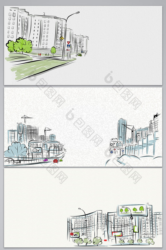 矢量手绘素描城市海报背景图