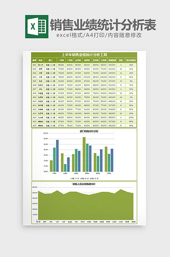 绿色半年销售业绩统计分析表excel模板图片
