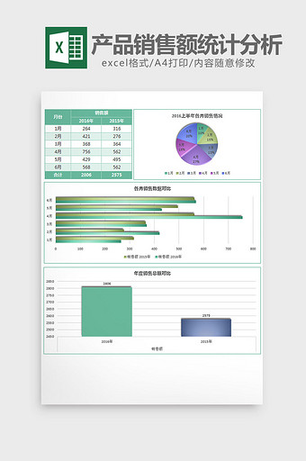 绿色半年产品销售额统计分析excel模板图片