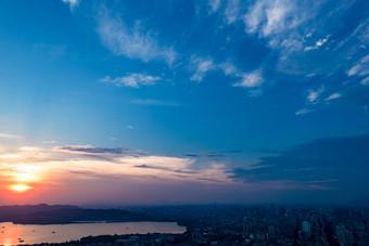 杭州西湖日落晚霞夕阳航拍摄影图