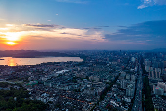 杭州西湖日落晚霞夕阳航拍摄影图