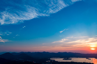 杭州西湖日落晚霞夕阳航拍摄影图