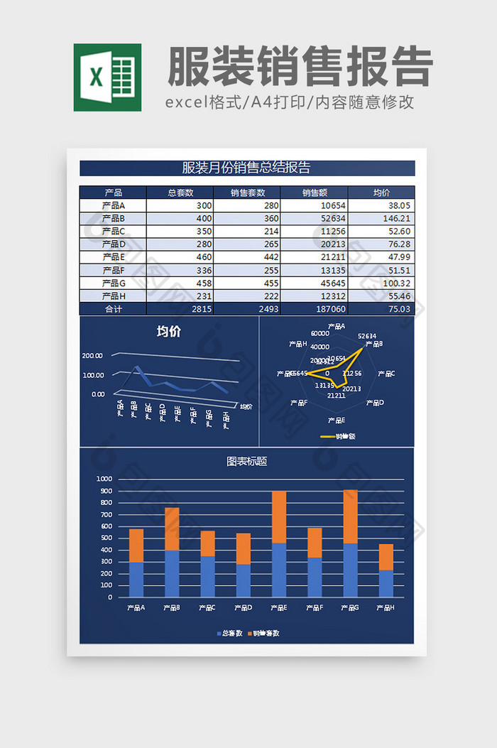 深蓝服装月份报告excel表格模板