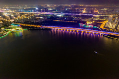 江苏苏州东方之门金鸡湖夜景航拍图