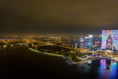 江苏苏州东方之门金鸡湖夜景航拍图