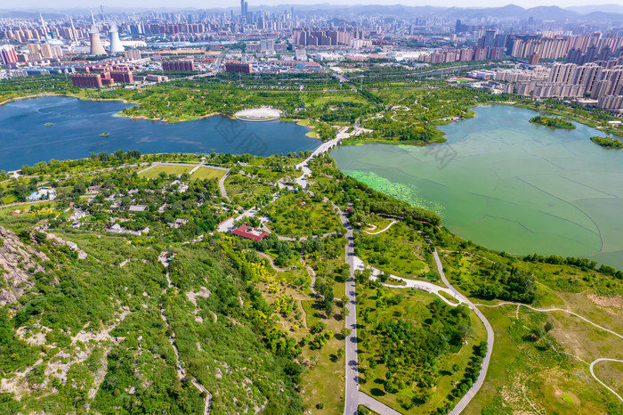 山东济南城市风光华山湖风景区航拍摄影图