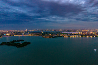 苏州金鸡湖日落晚霞夕阳夜景航拍摄影图