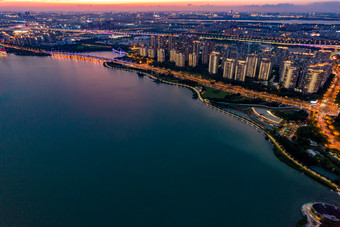 苏州金鸡湖日落晚霞<strong>夕阳夜景</strong>航拍摄影图