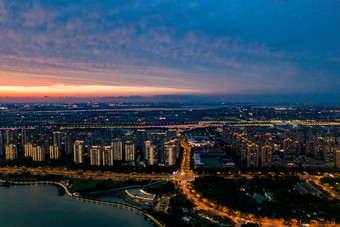 苏州金鸡湖日落晚霞夕阳夜景航拍摄影图