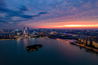 苏州金鸡湖日落晚霞夕阳夜景航拍摄影图