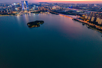 苏州金鸡湖日落晚霞夕阳夜景航拍摄影图