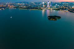 苏州金鸡湖日落晚霞夕阳夜景航拍摄影图