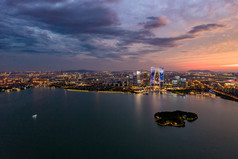 苏州金鸡湖日落晚霞夕阳夜景航拍摄影图