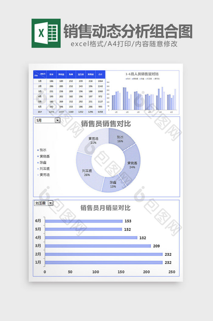 蓝色半年销售动态分析组合图excel模板